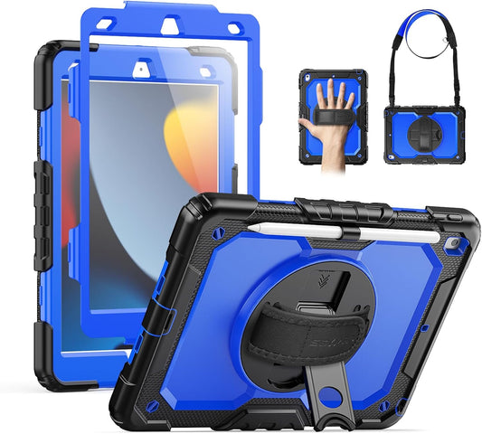 Case Ipad 9Th Generation Kids Ipad 10.2 Case 2021, Full-Body Shock Protective Ipad 7/8/9 Case with Screen Protector Rotating Hand Strap Stand for Ipad 10.2-Inch 9Th/8Th/7Th Gen, Black/Blue