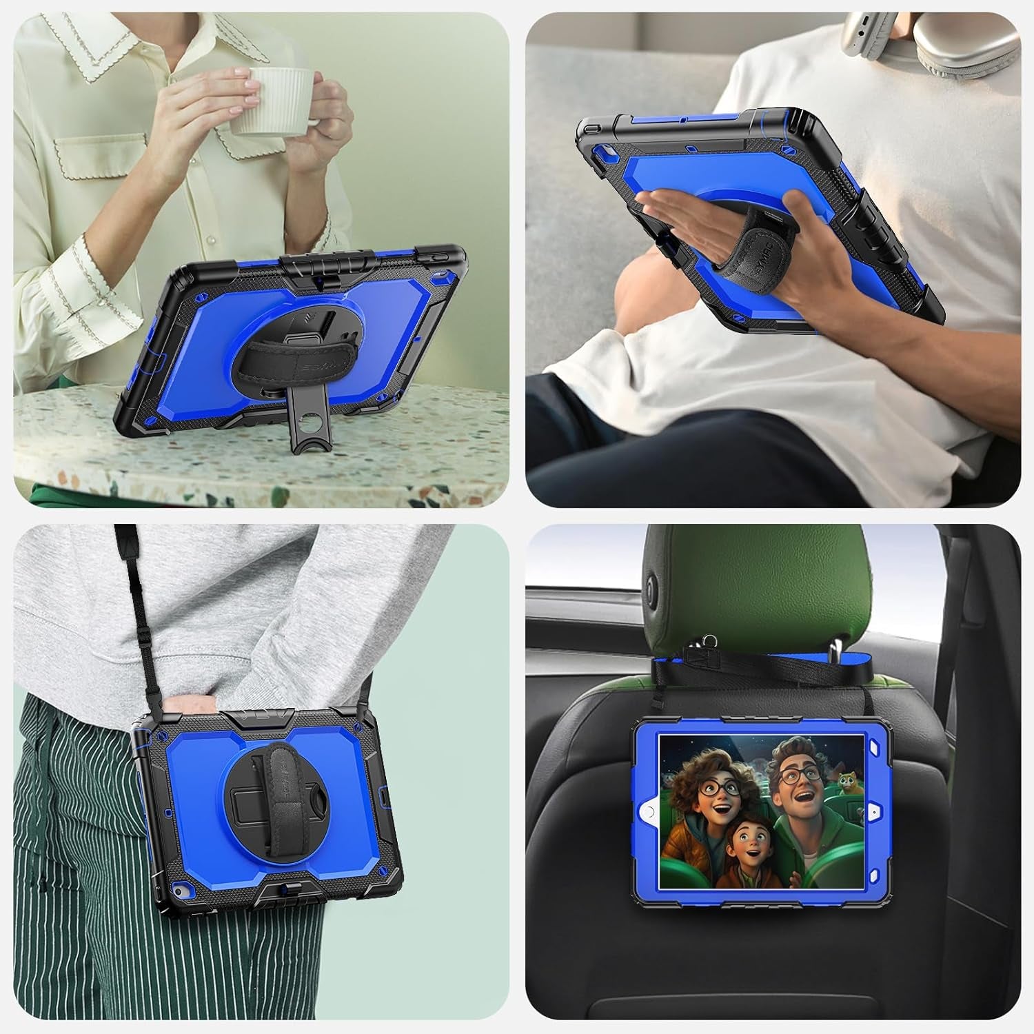 Case Ipad 9Th Generation Kids Ipad 10.2 Case 2021, Full-Body Shock Protective Ipad 7/8/9 Case with Screen Protector Rotating Hand Strap Stand for Ipad 10.2-Inch 9Th/8Th/7Th Gen, Black/Blue